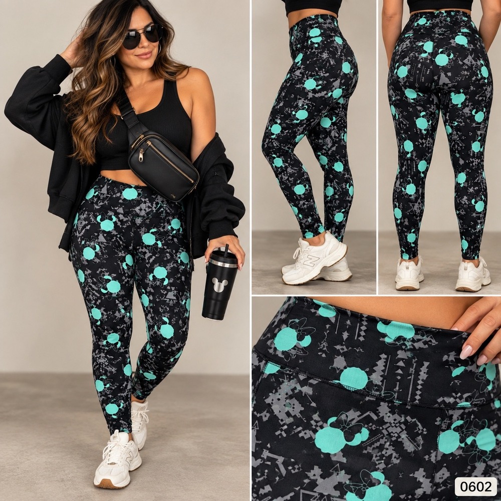 LuLaRoe Disney Minnie Mouse Leggings Teal Geometric Aztec Black OS 0602